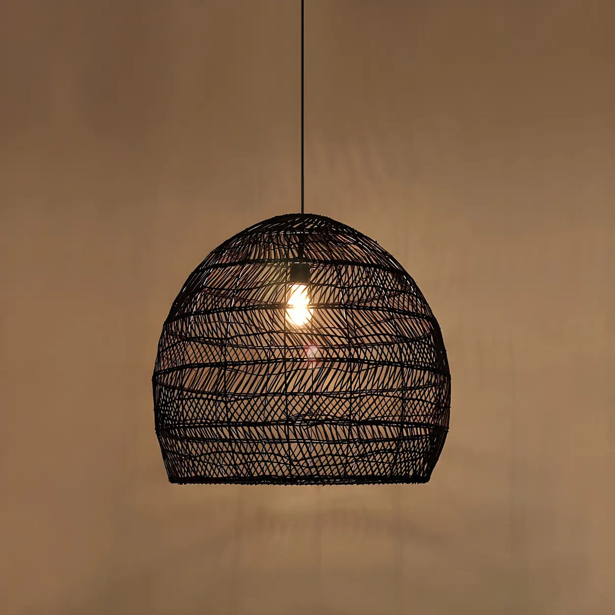 Dining Room Oriental Rattan Cloche Pendant Light Image - 13