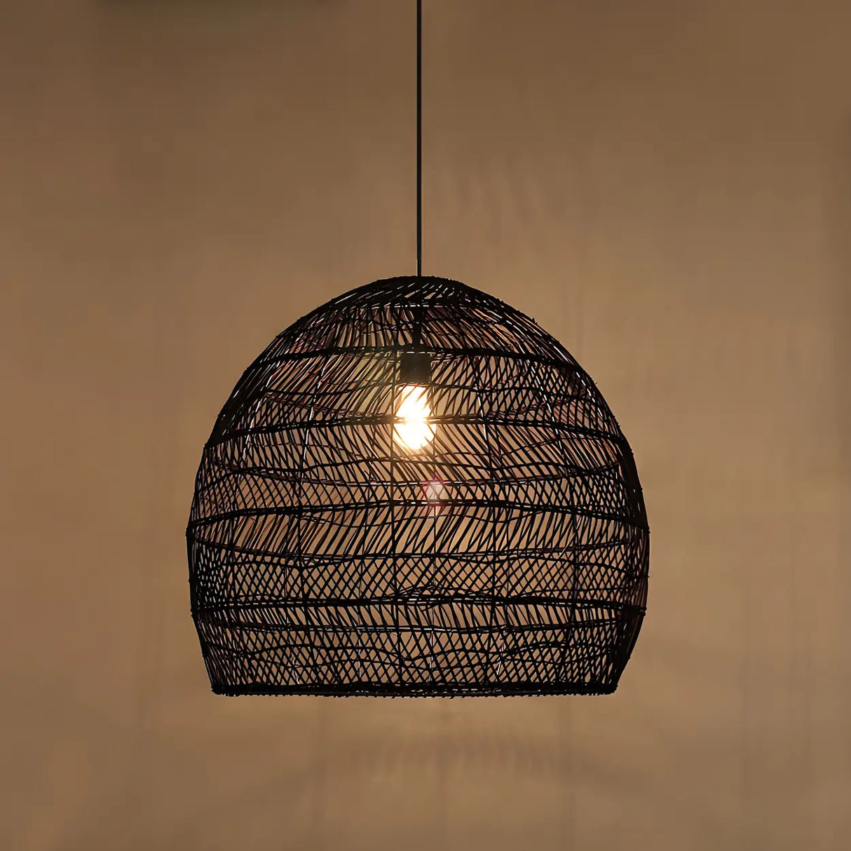 Dining Room Oriental Rattan Cloche Pendant Light Image - 15