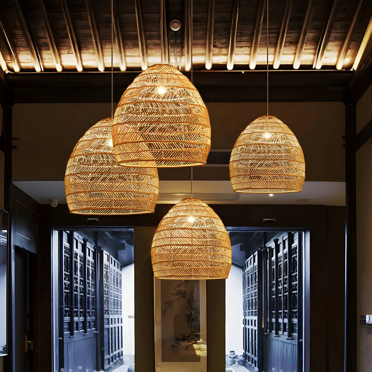 Dining Room Oriental Rattan Cloche Pendant Light Image - 2