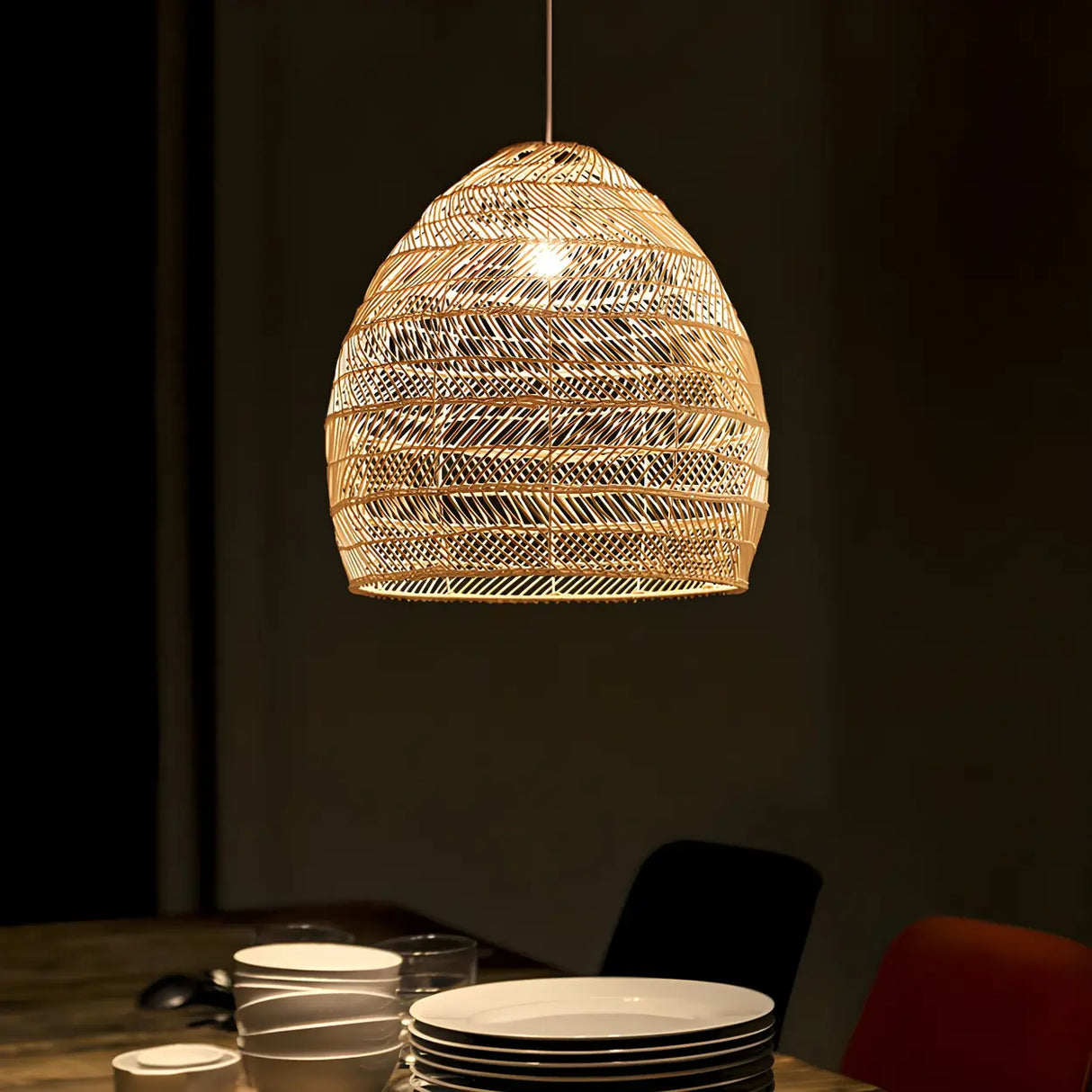 Dining Room Oriental Rattan Cloche Pendant Light Image - 3