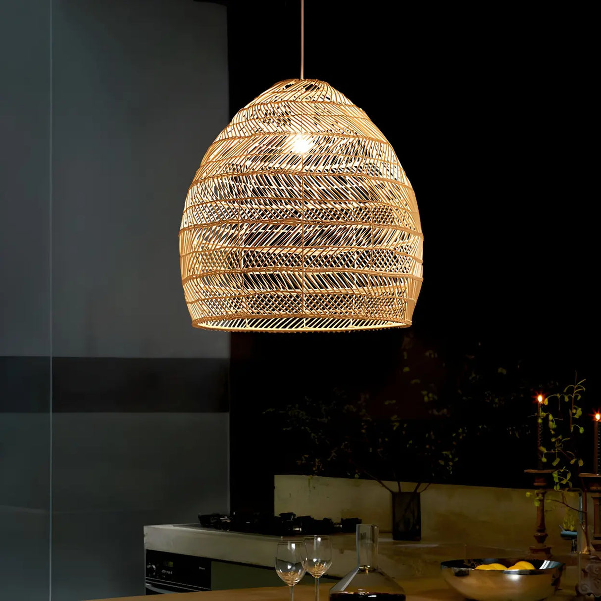 Dining Room Oriental Rattan Cloche Pendant Light Image - 4