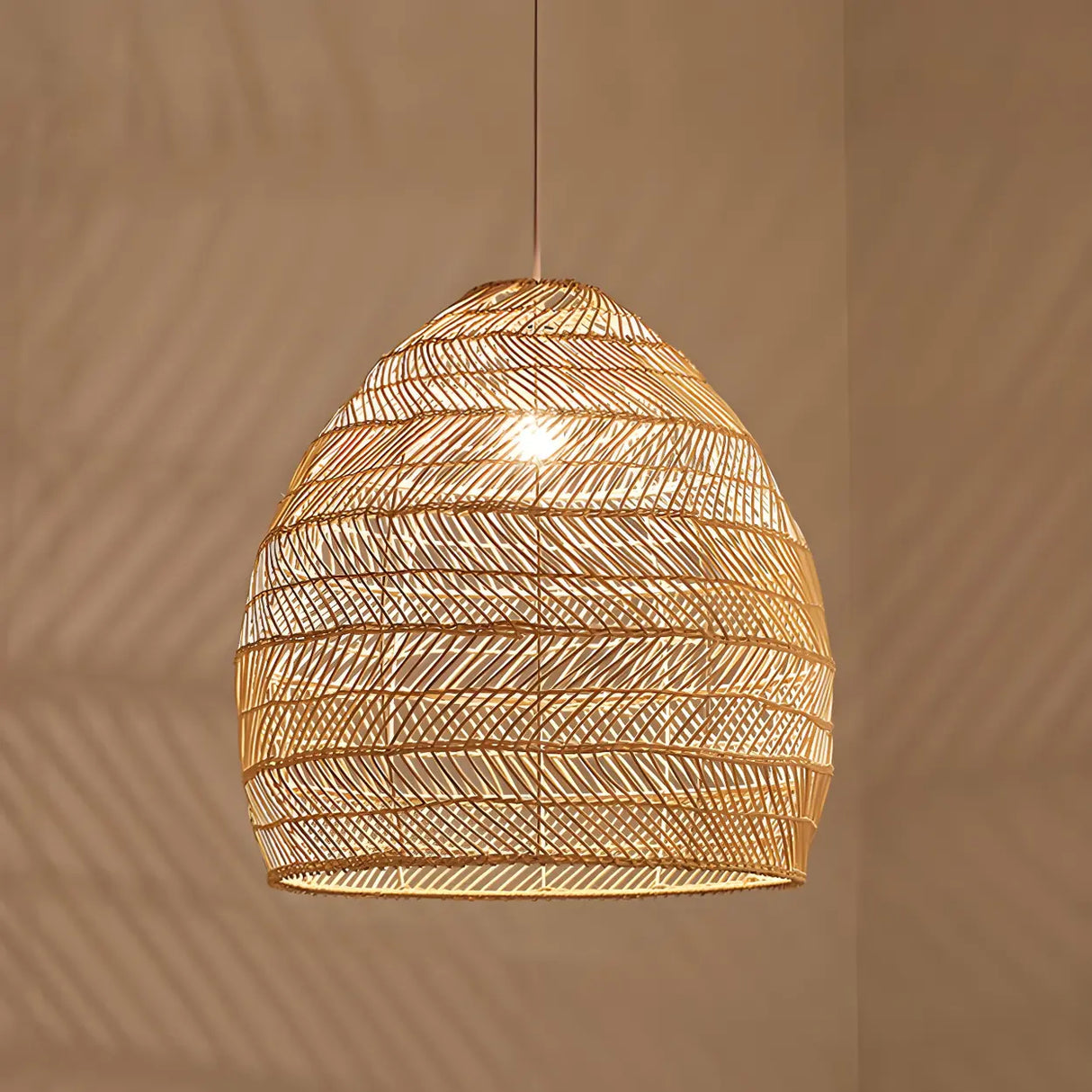 Dining Room Oriental Rattan Cloche Pendant Light Image - 9