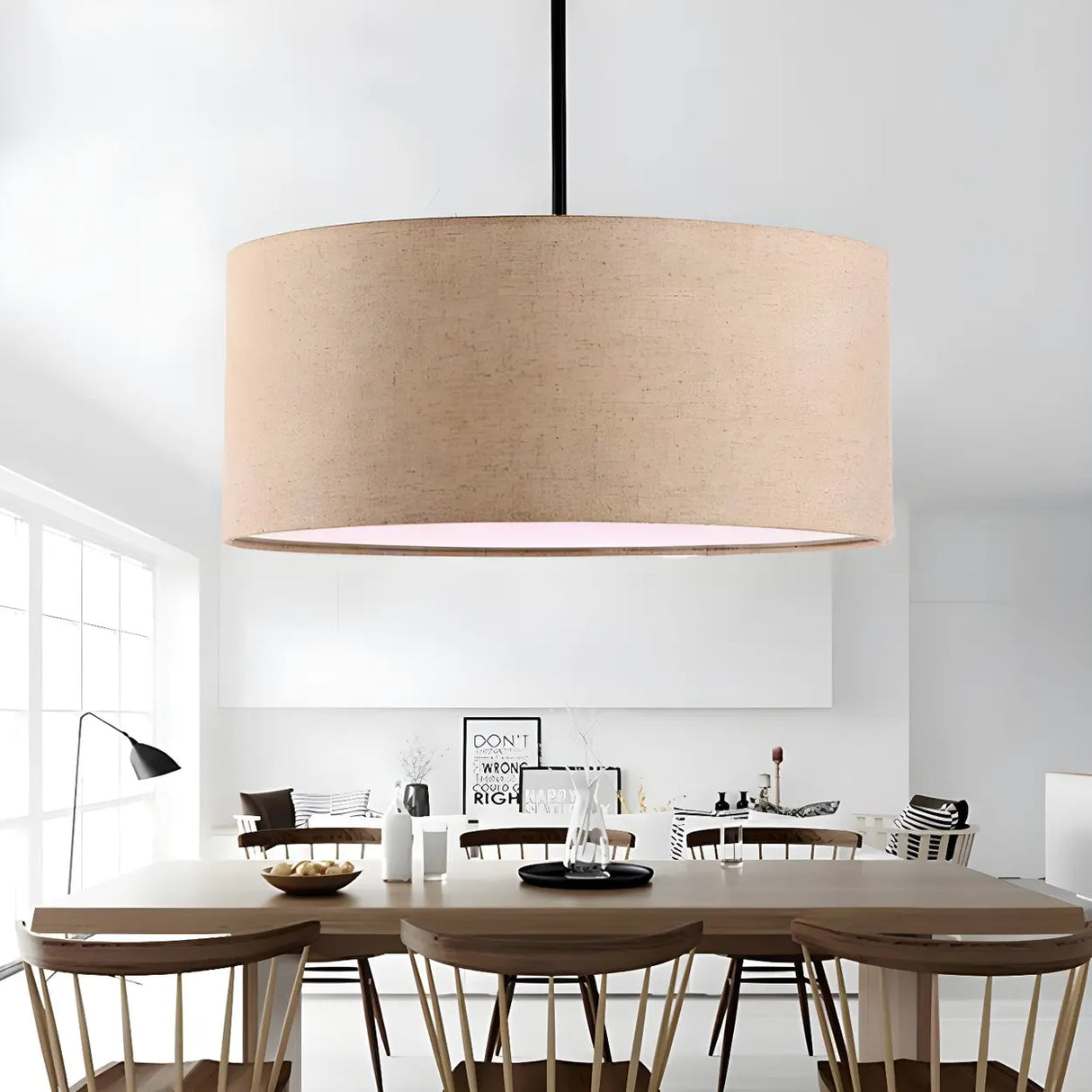 Dining Room Rustic Fabric Drum-Shaped Pendant Light Image - 1