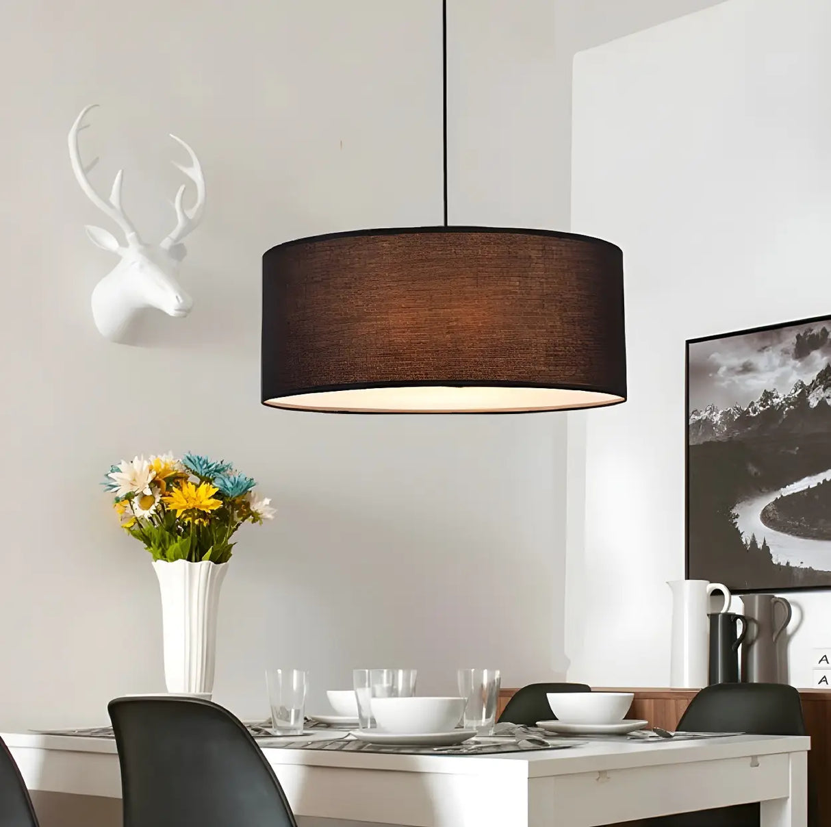 Dining Room Rustic Fabric Drum-Shaped Pendant Light Image - 15