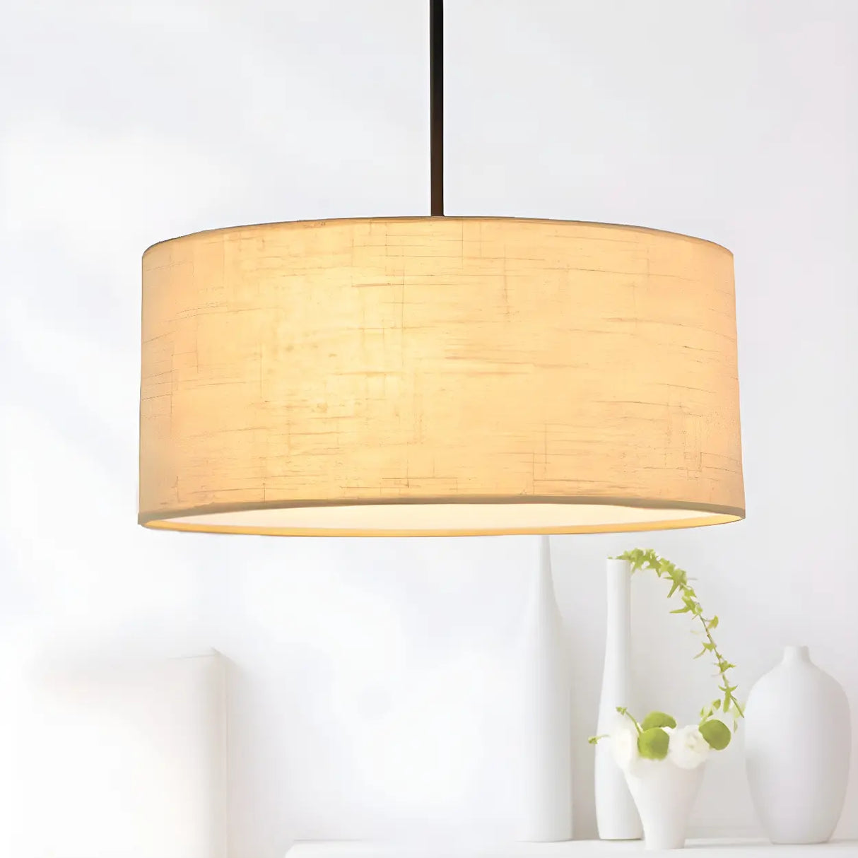 Dining Room Rustic Fabric Drum-Shaped Pendant Light Image - 3