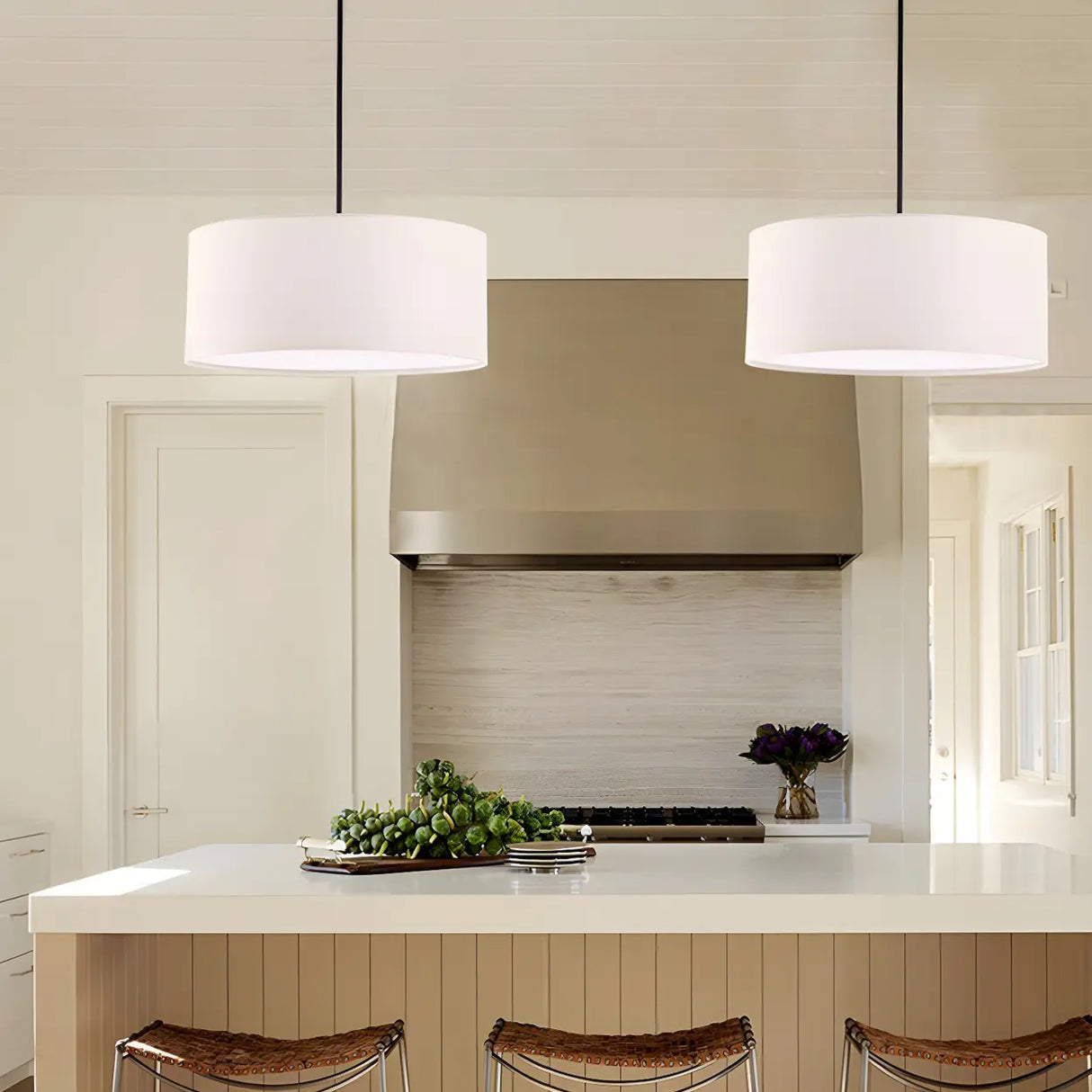 Dining Room Rustic Fabric Drum-Shaped Pendant Light Image - 6