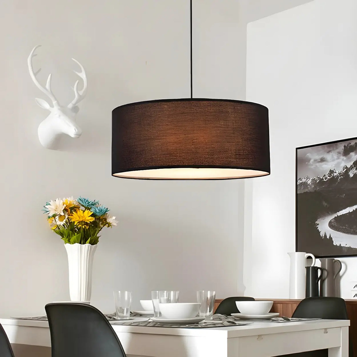 Dining Room Rustic Fabric Drum-Shaped Pendant Light Image - 7