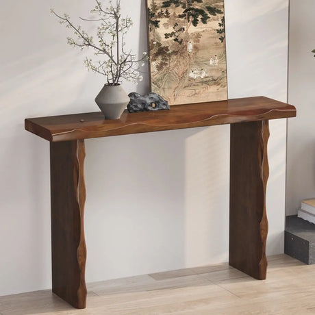 Display Artistic Wood Brown Double Pedestal Console Table Image - 1