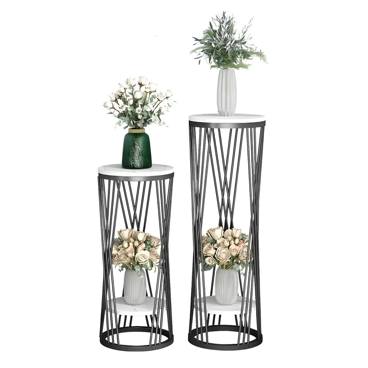 Display Round Gold Faux Marble 2 Tiers Plant Stand Image - 10