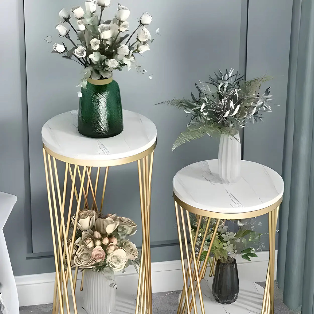 Display Round Gold Faux Marble 2 Tiers Plant Stand Image - 13