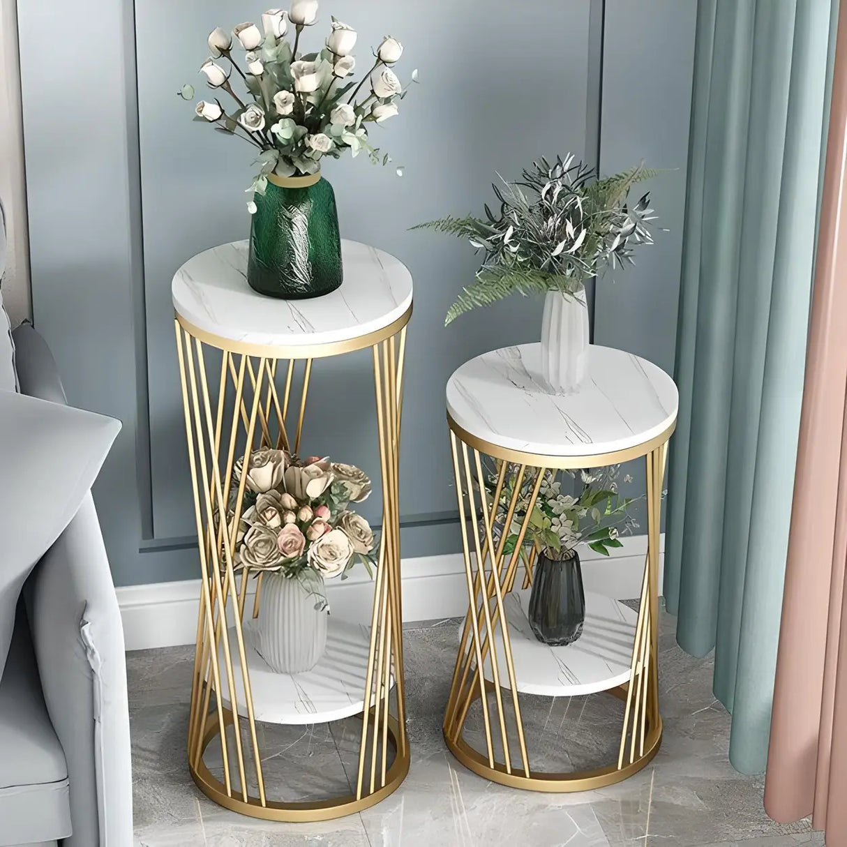 Display Round Gold Faux Marble 2 Tiers Plant Stand Image - 15