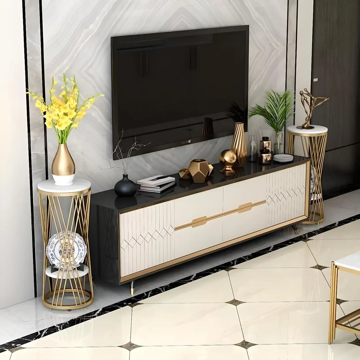 Display Round Gold Faux Marble 2 Tiers Plant Stand Image - 16