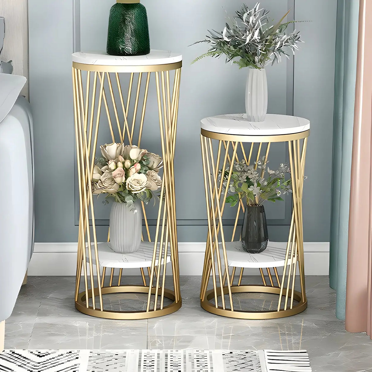Display Round Gold Faux Marble 2 Tiers Plant Stand Image - 17