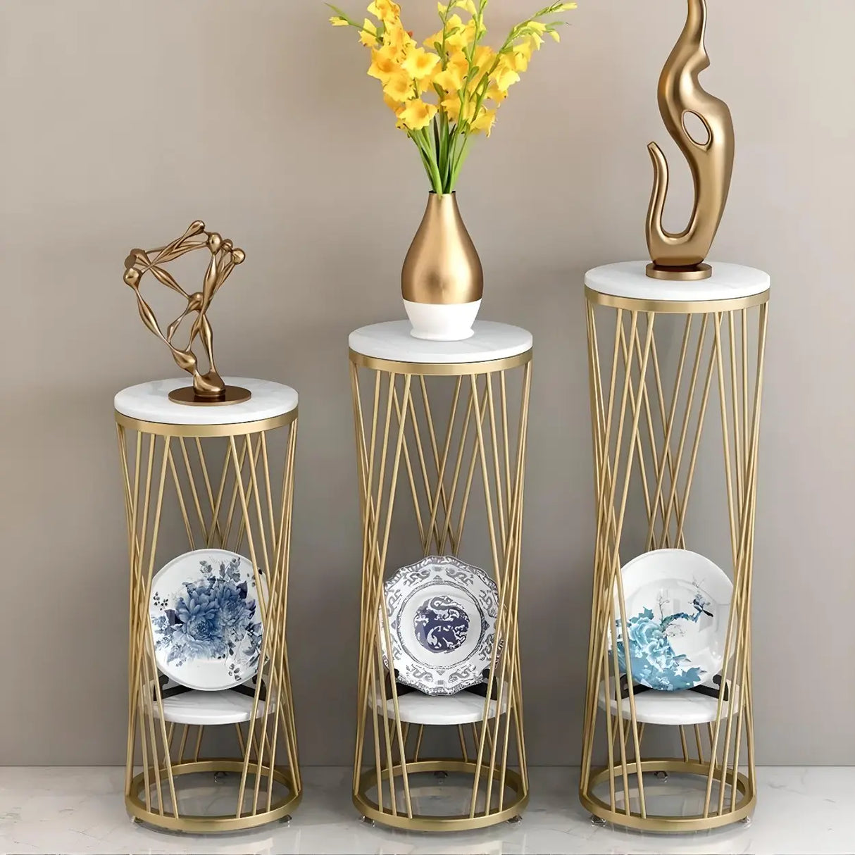 Display Round Gold Faux Marble 2 Tiers Plant Stand Image - 1
