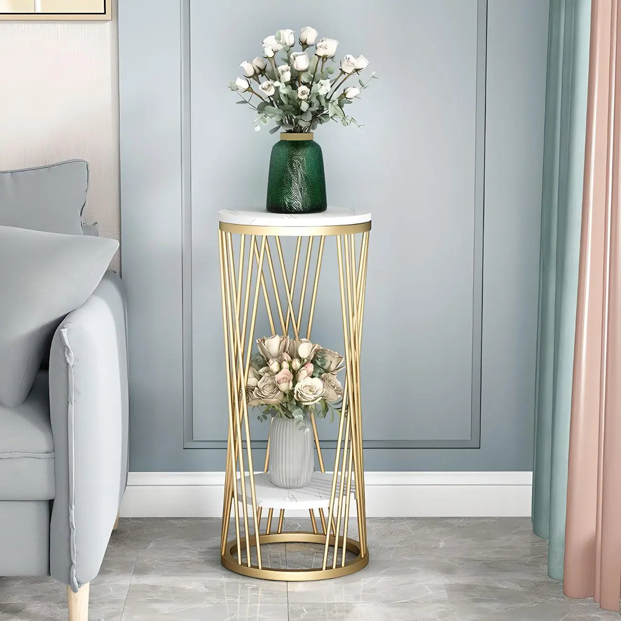 Display Round Gold Faux Marble 2 Tiers Plant Stand Image - 4