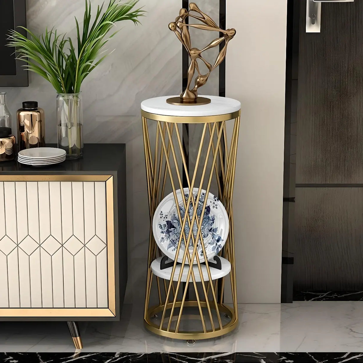 Display Round Gold Faux Marble 2 Tiers Plant Stand Image - 5
