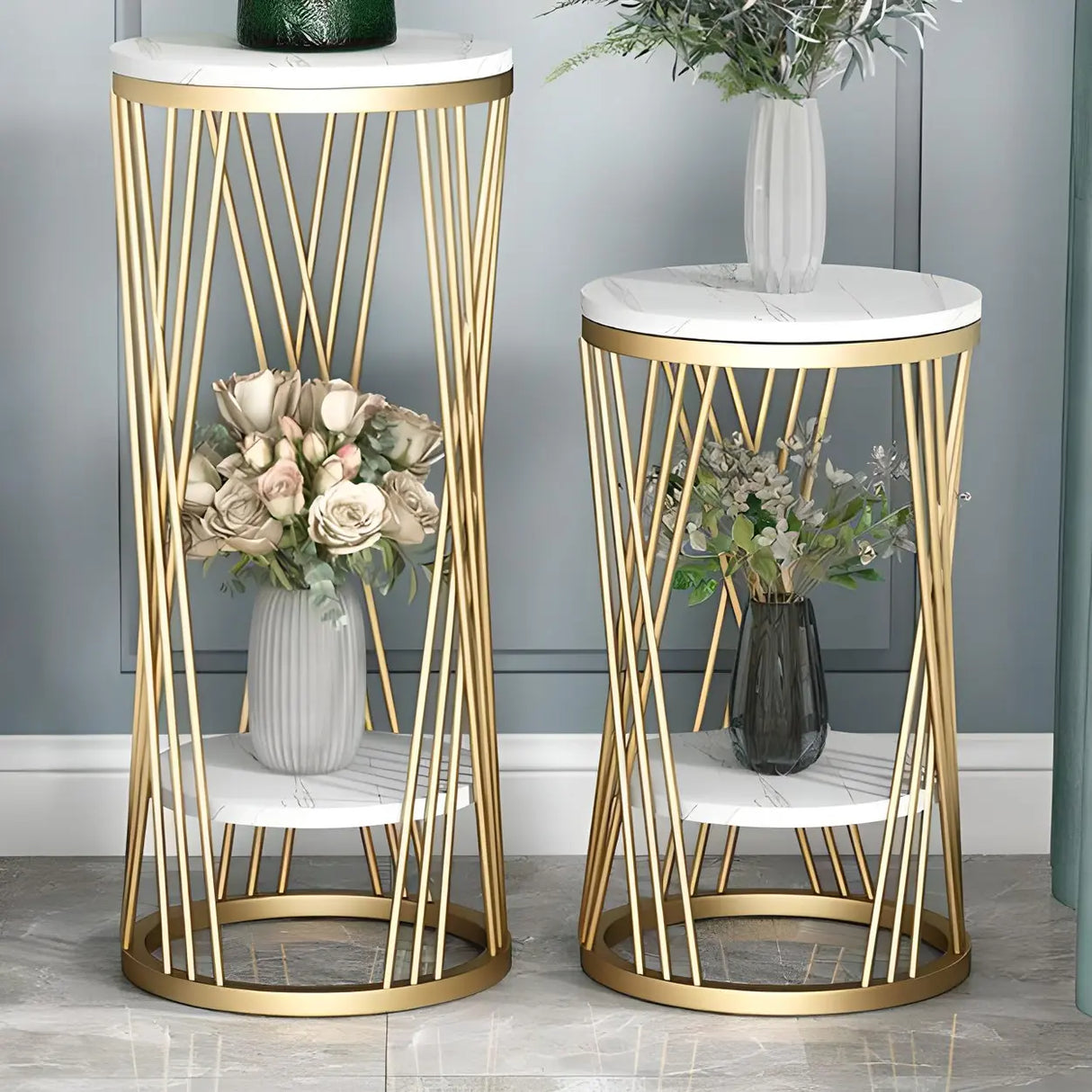 Display Round Gold Faux Marble 2 Tiers Plant Stand Image - 8