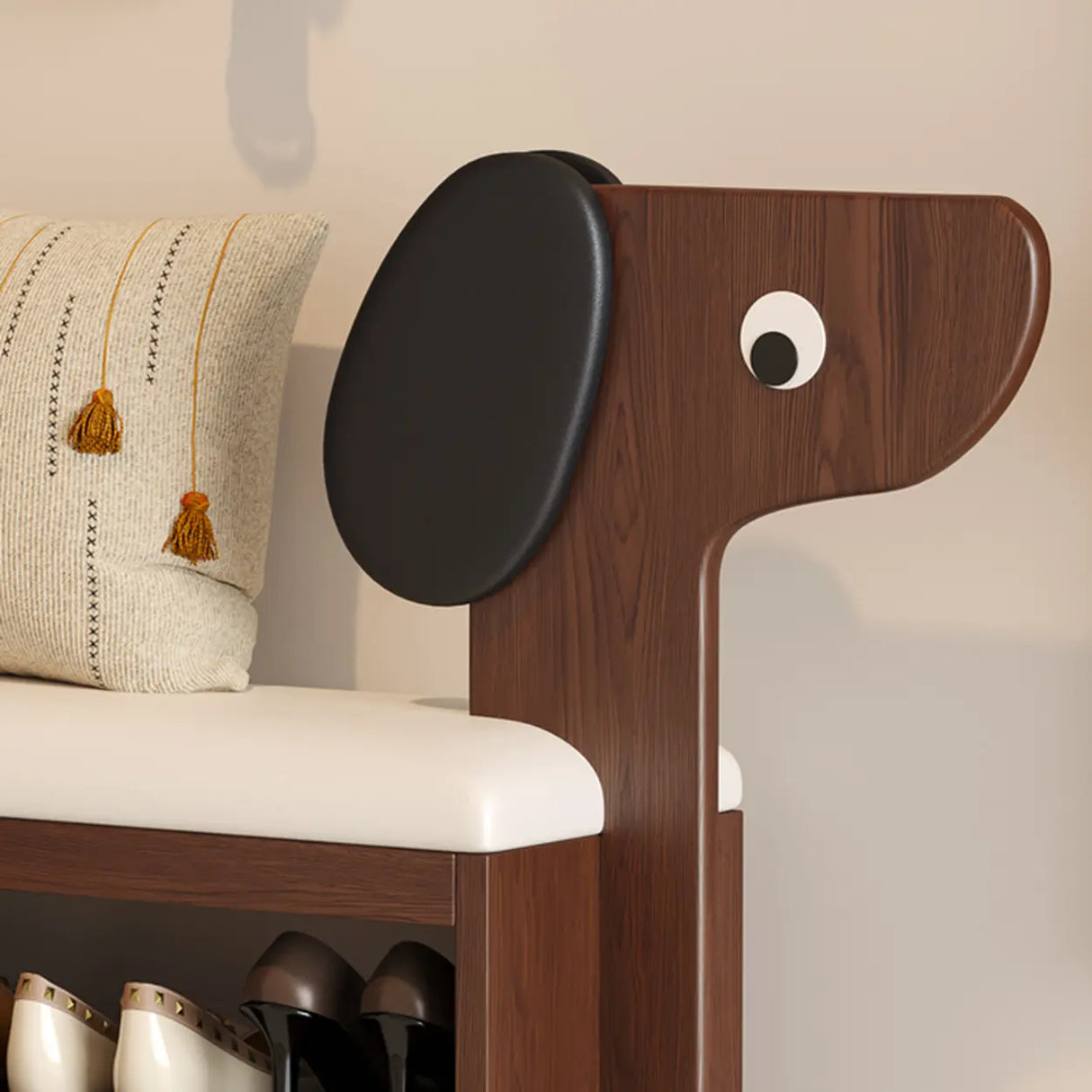 Dog-Shaped Entryway Shoe Bench with Cushion & Storage Shelves Image - 10