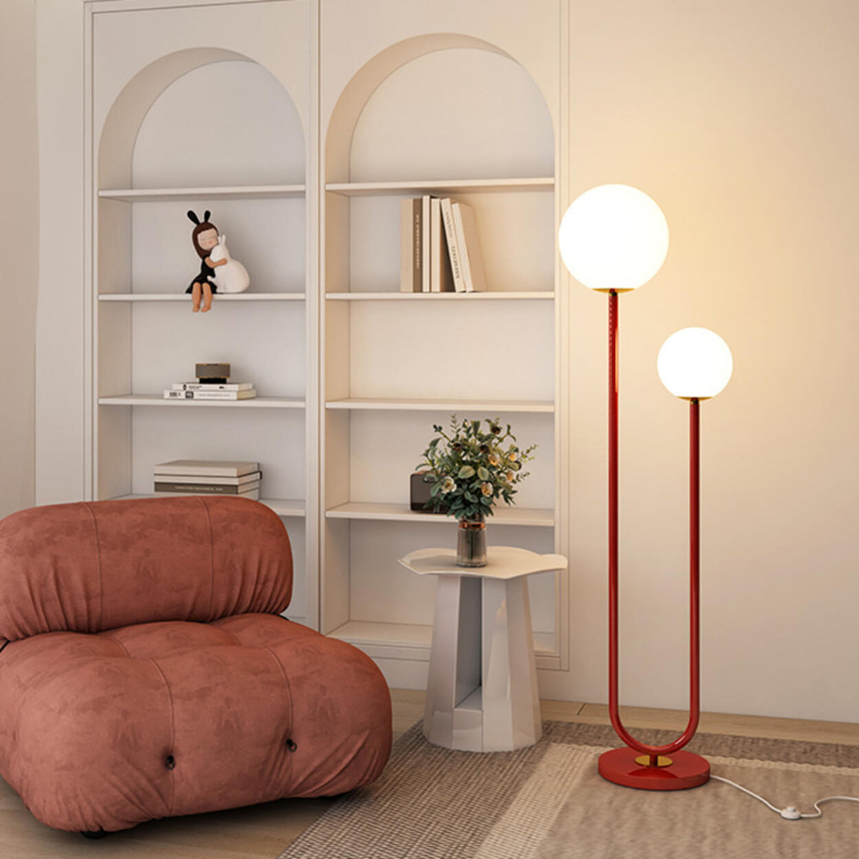 Double Globe and U-Shaped Modern Red Floor Light Image - 1