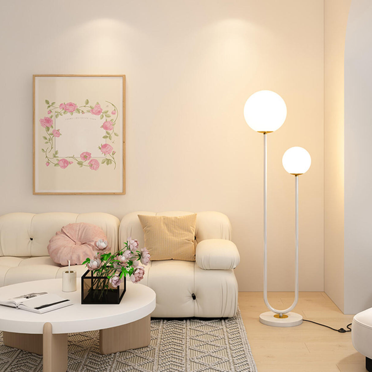 Double Globe and U-Shaped Modern Red Floor Light Image - 12