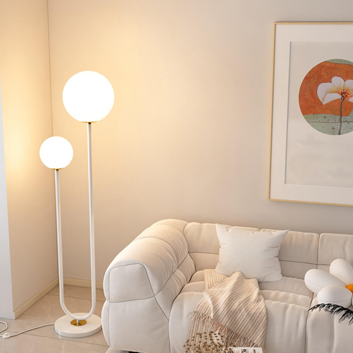 Double Globe and U-Shaped Modern Red Floor Light Image - 4