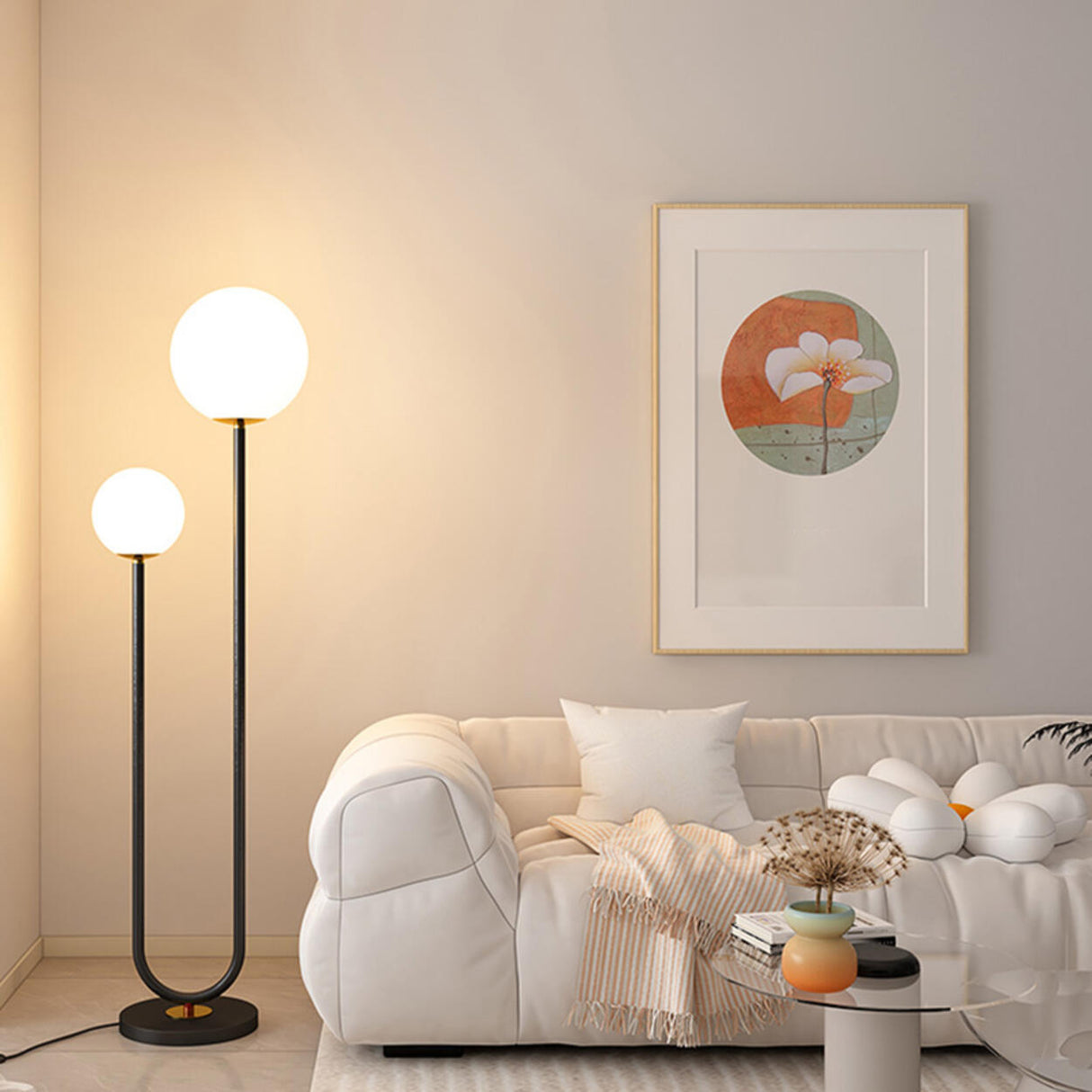 Double Globe and U-Shaped Modern Red Floor Light Image - 5