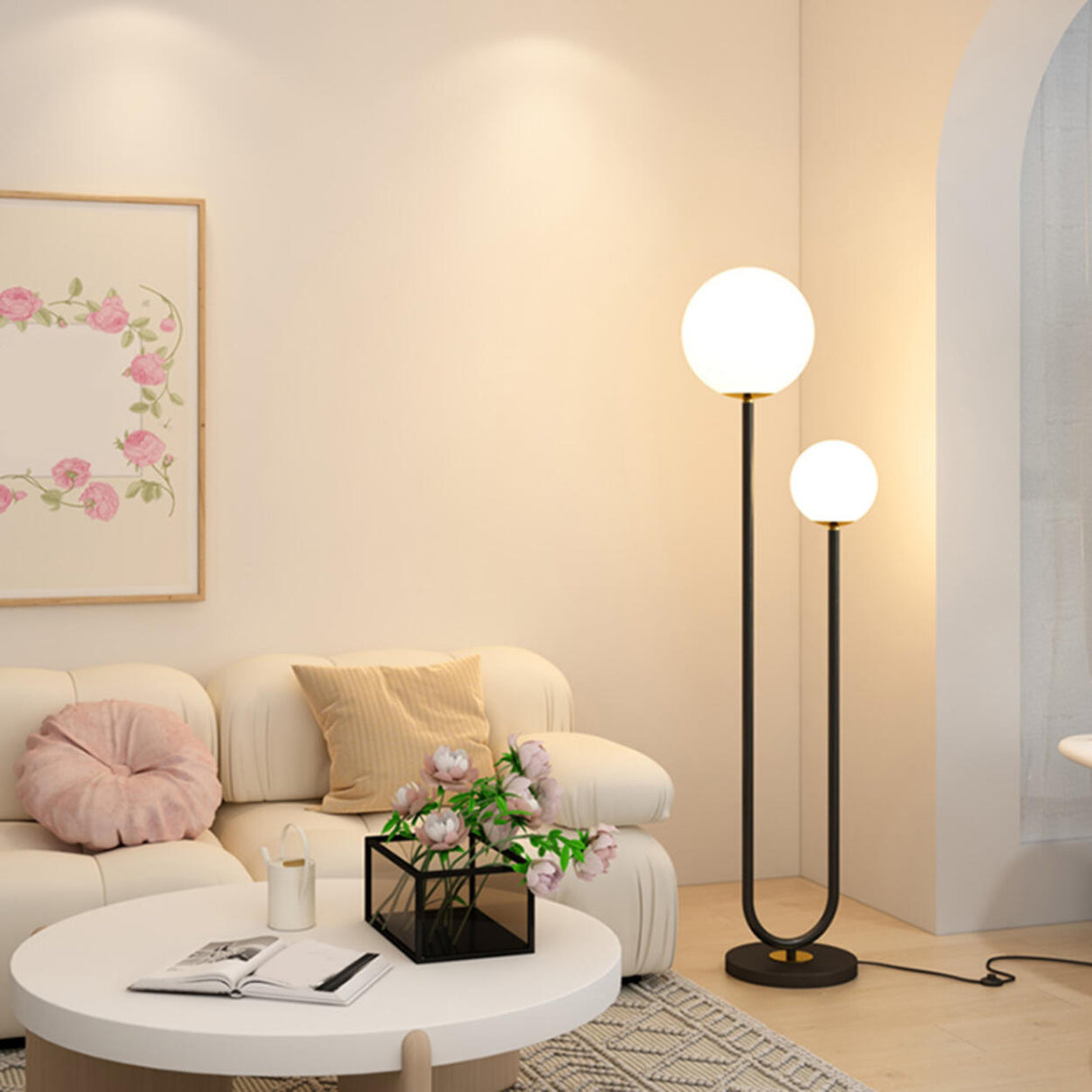 Double Globe and U-Shaped Modern Red Floor Light Image - 6