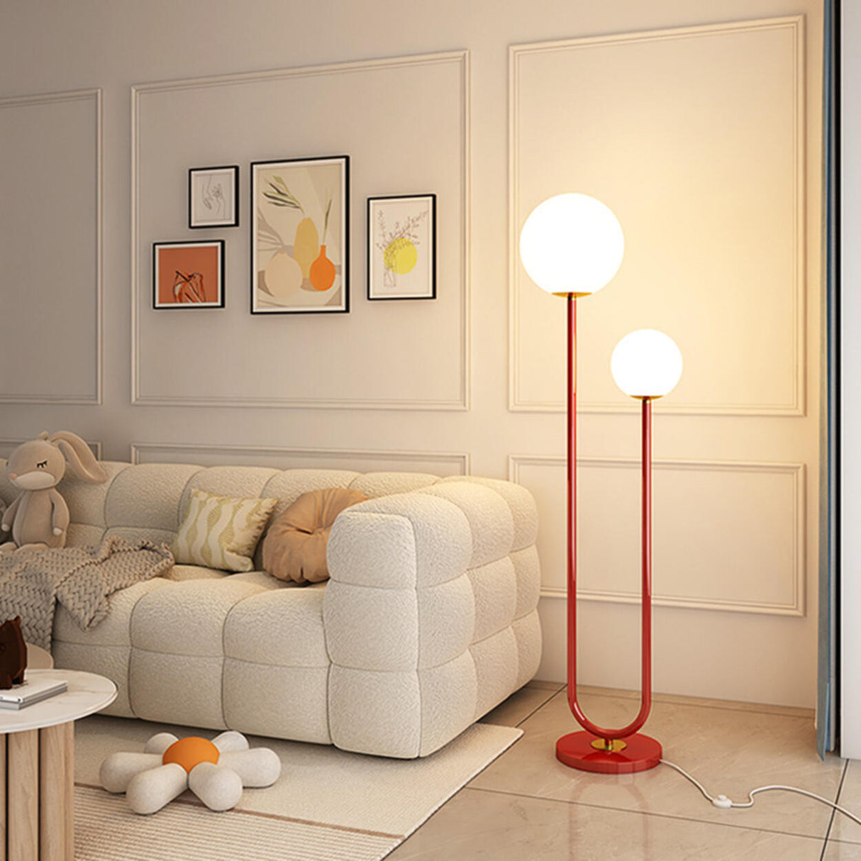 Double Globe and U-Shaped Modern Red Floor Light Image - 7