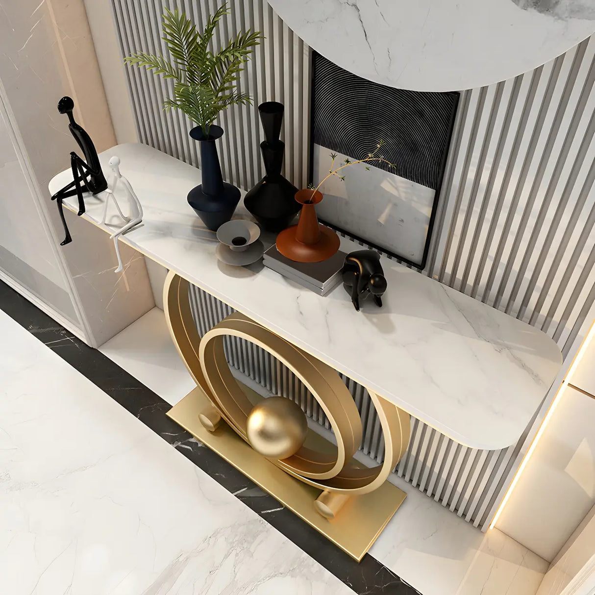 Double Iron Circle Base White Stone Large Console Table Image - 10