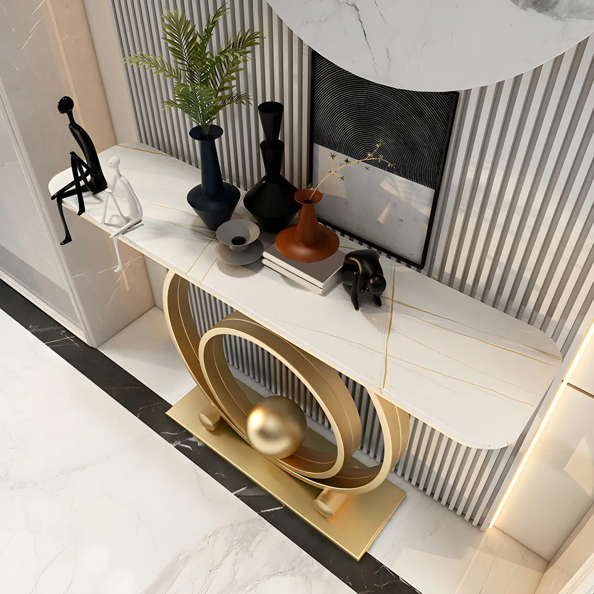 Double Iron Circle Base White Stone Large Console Table Image - 12