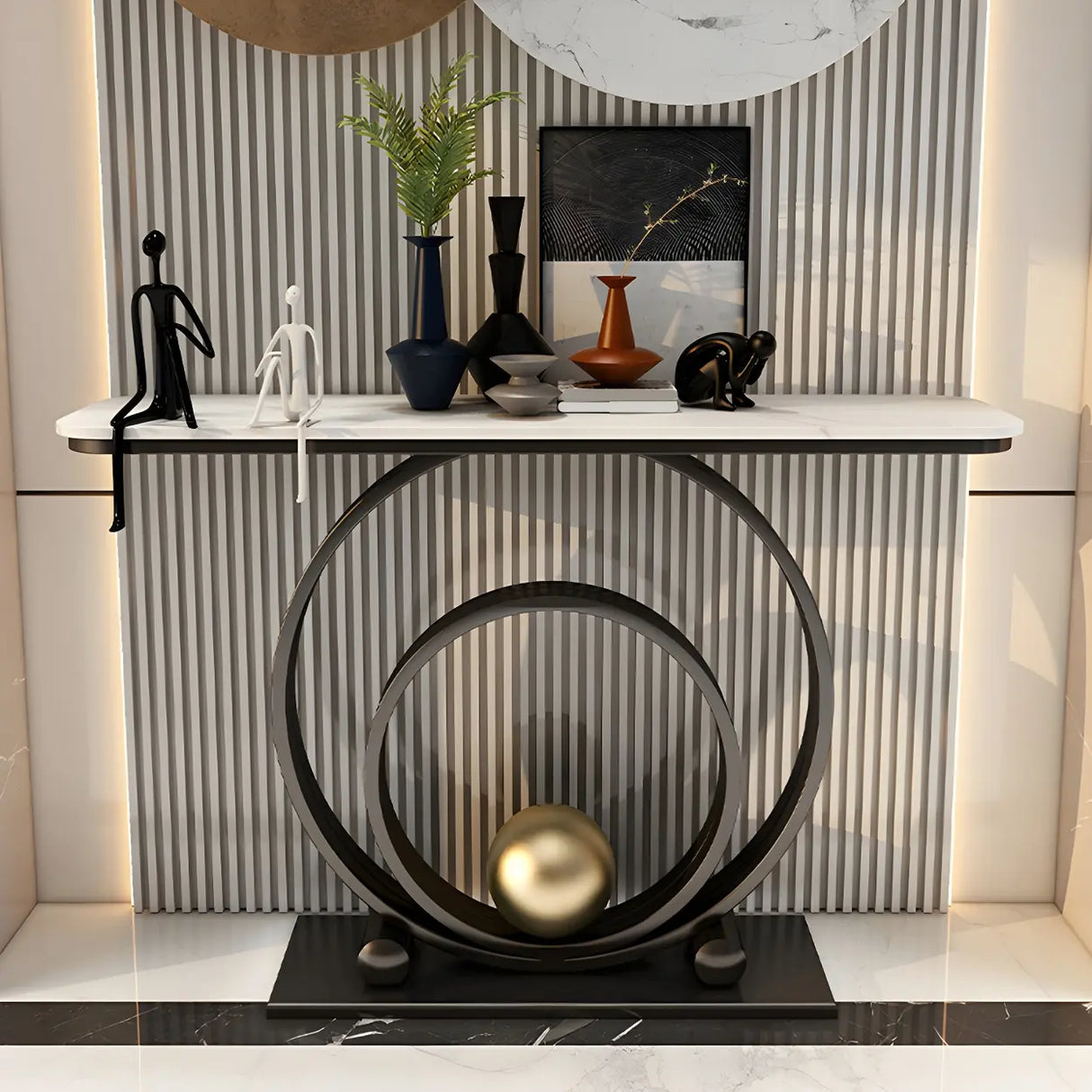 Double Iron Circle Base White Stone Large Console Table Image - 1