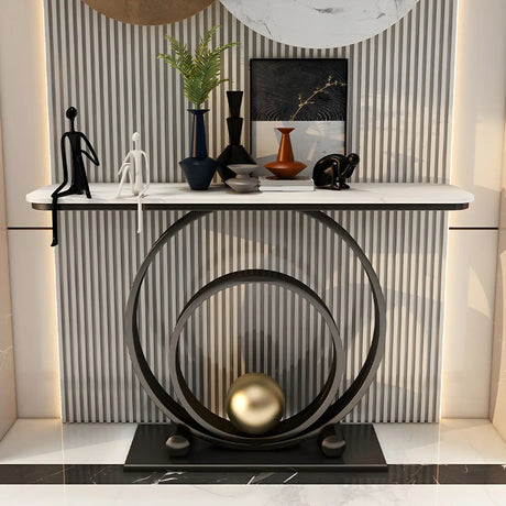 Double Iron Circle Base White Stone Large Console Table Image - 1