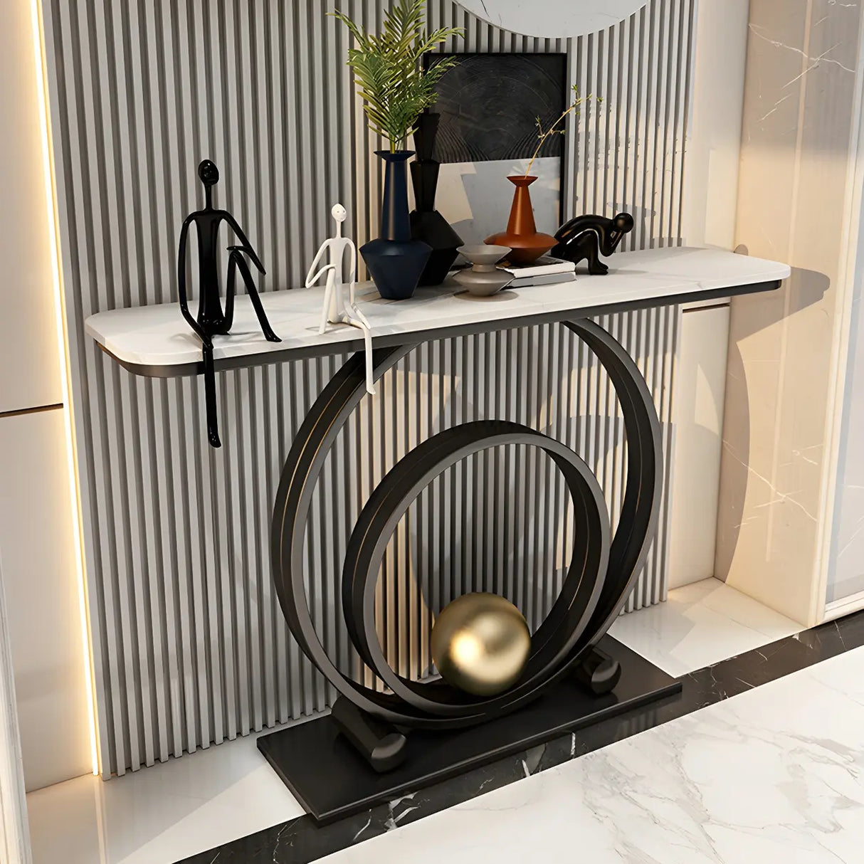 Double Iron Circle Base White Stone Large Console Table Image - 2