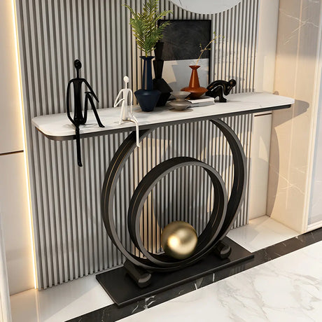 Double Iron Circle Base White Stone Large Console Table Image - 2