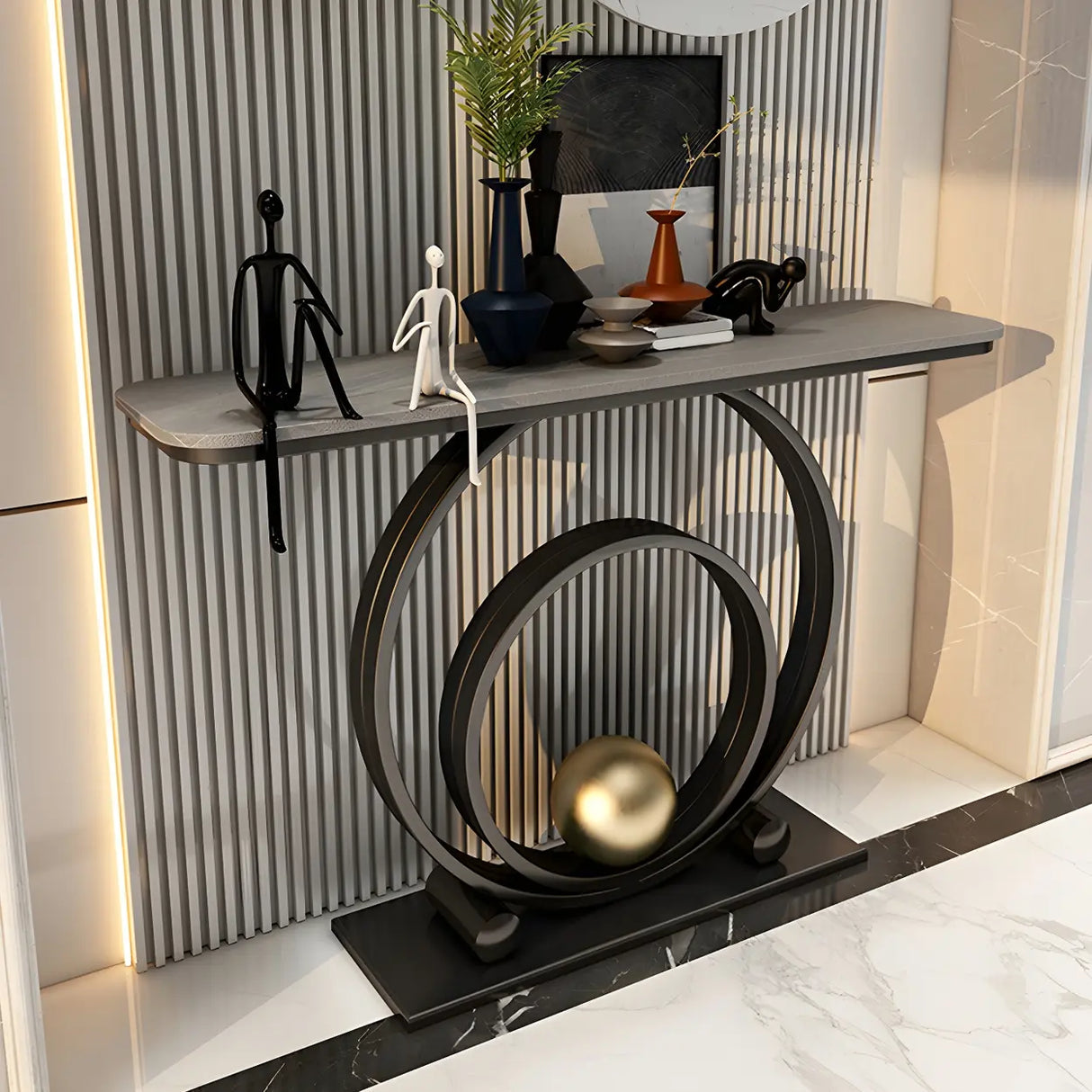 Double Iron Circle Base White Stone Large Console Table Image - 3