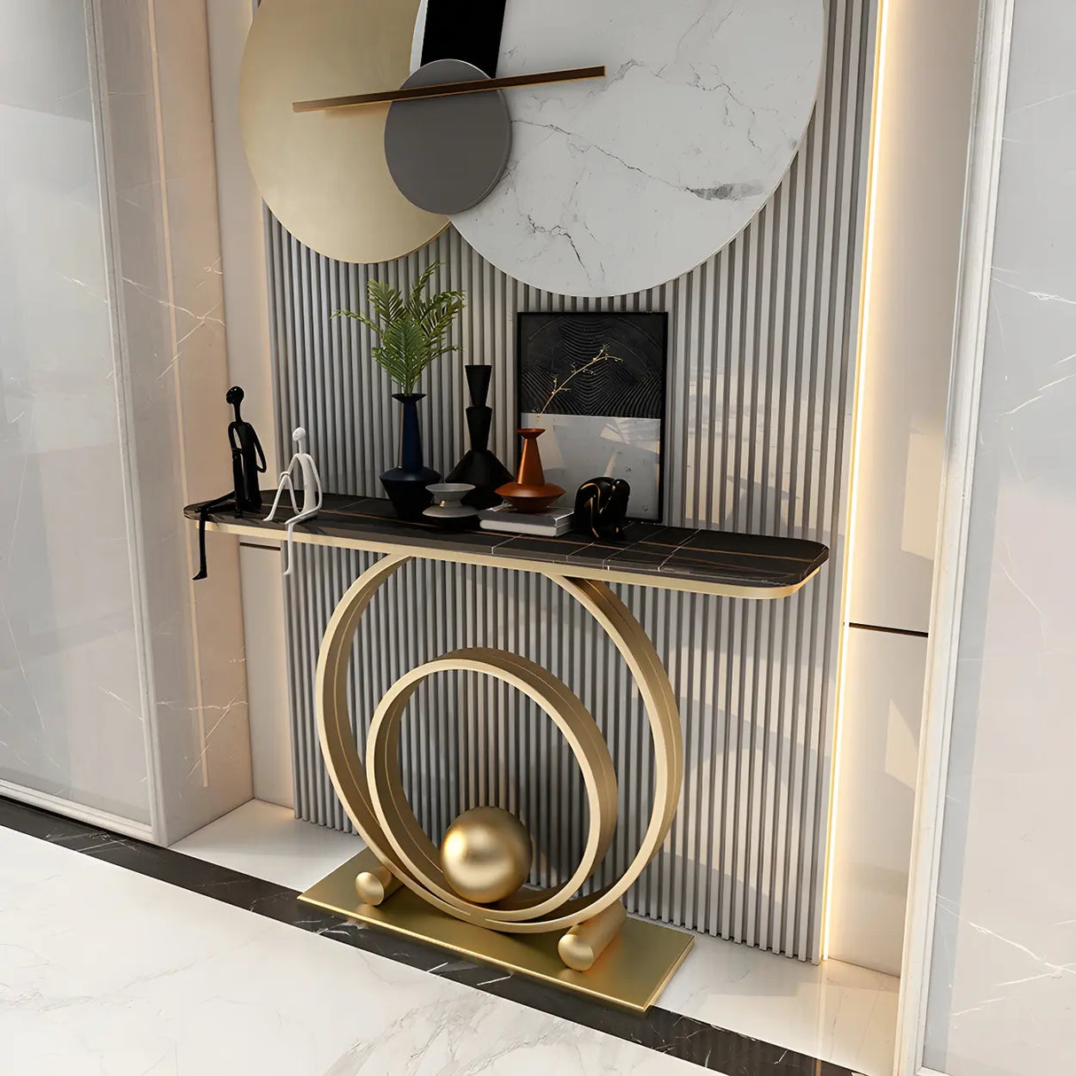 Double Iron Circle Base White Stone Large Console Table Image - 4