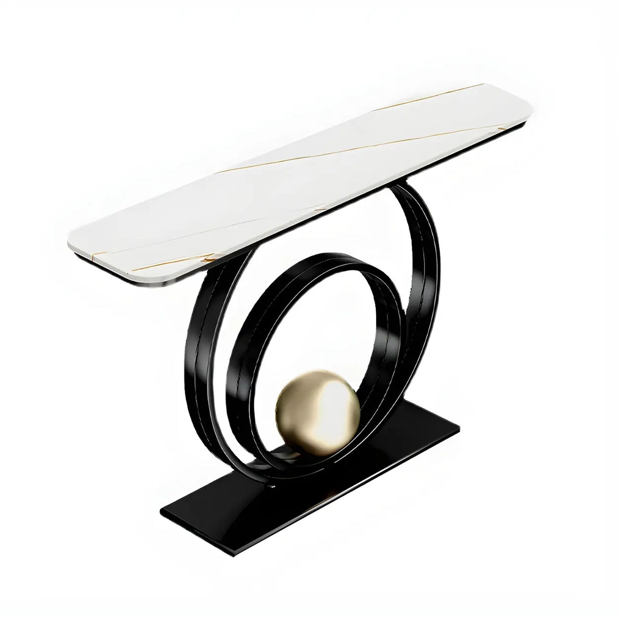 Double Iron Circle Base White Stone Large Console Table Image - 5