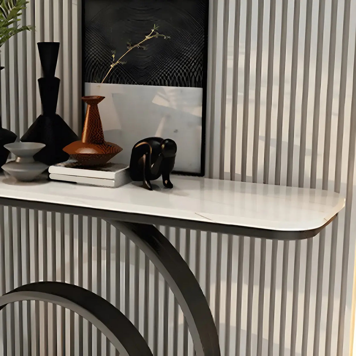 Double Iron Circle Base White Stone Large Console Table Image - 7