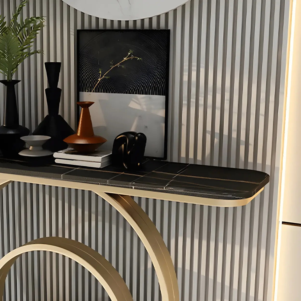 Double Iron Circle Base White Stone Large Console Table Image - 8