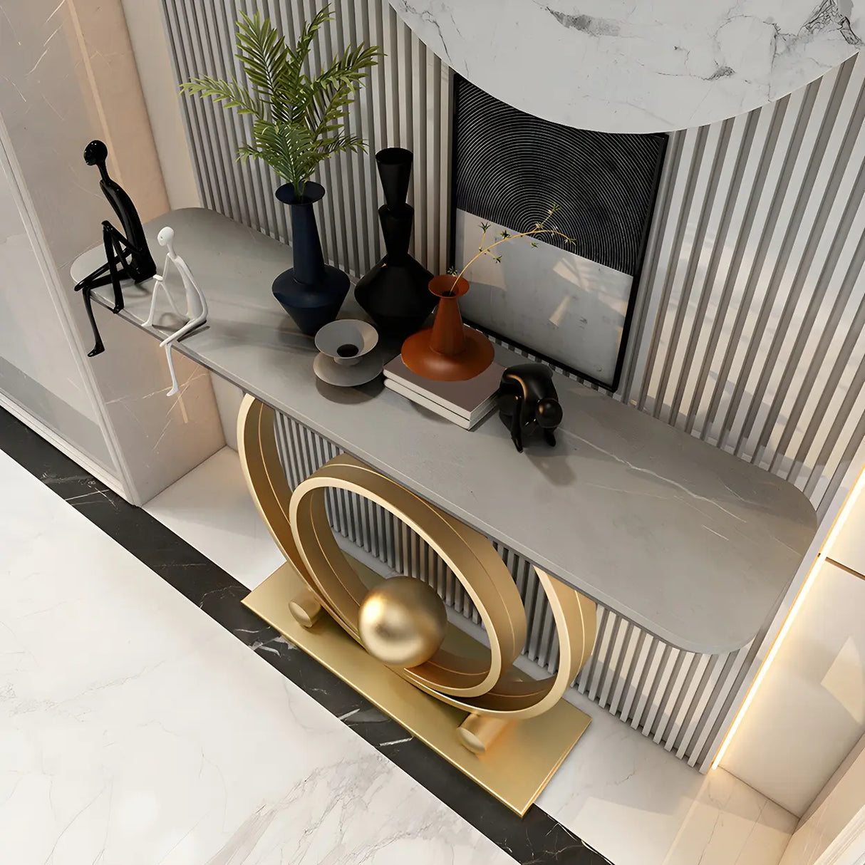 Double Iron Circle Base White Stone Large Console Table Image - 9