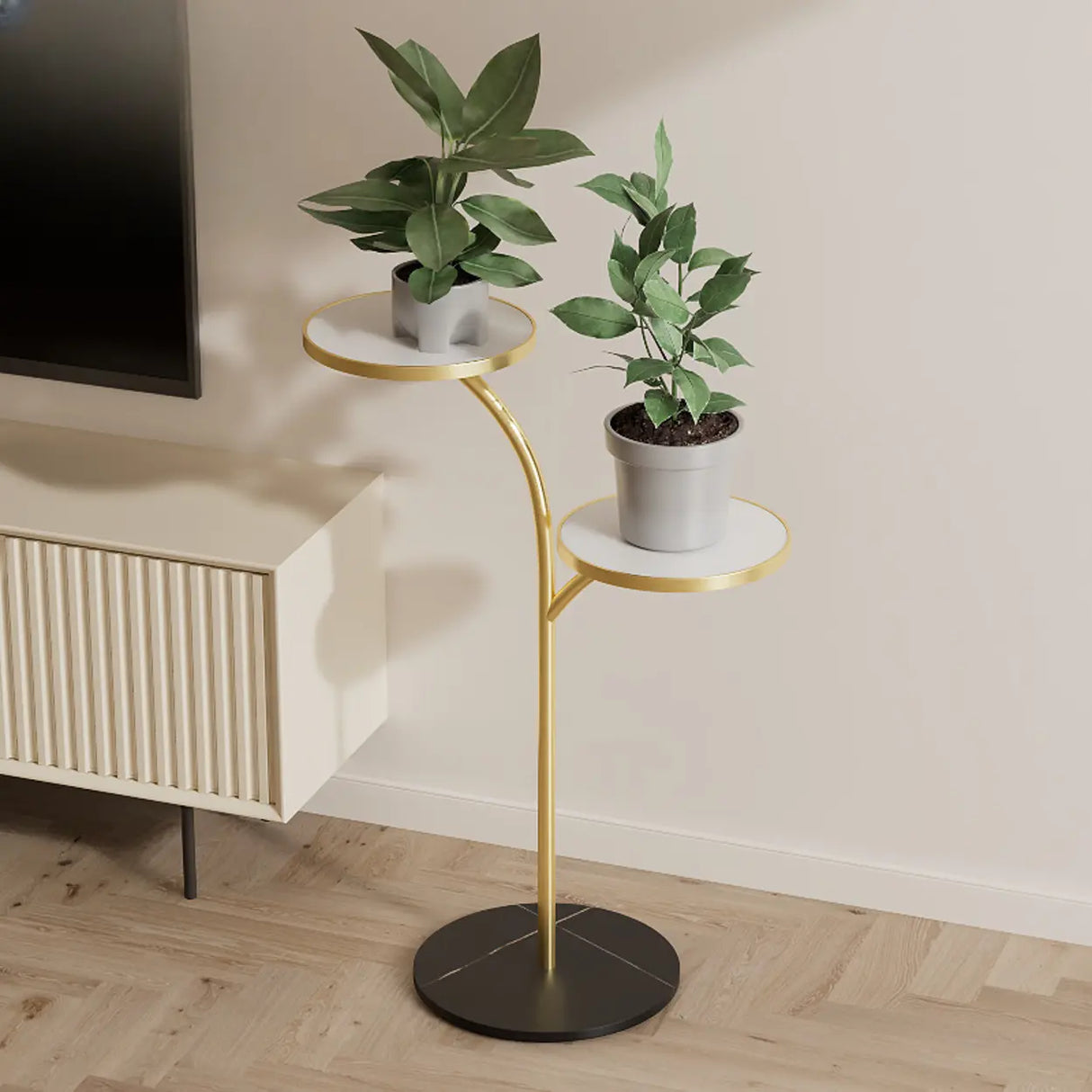 Double Layer Round Tray Branch Plant Stand Gold-White Image - 13