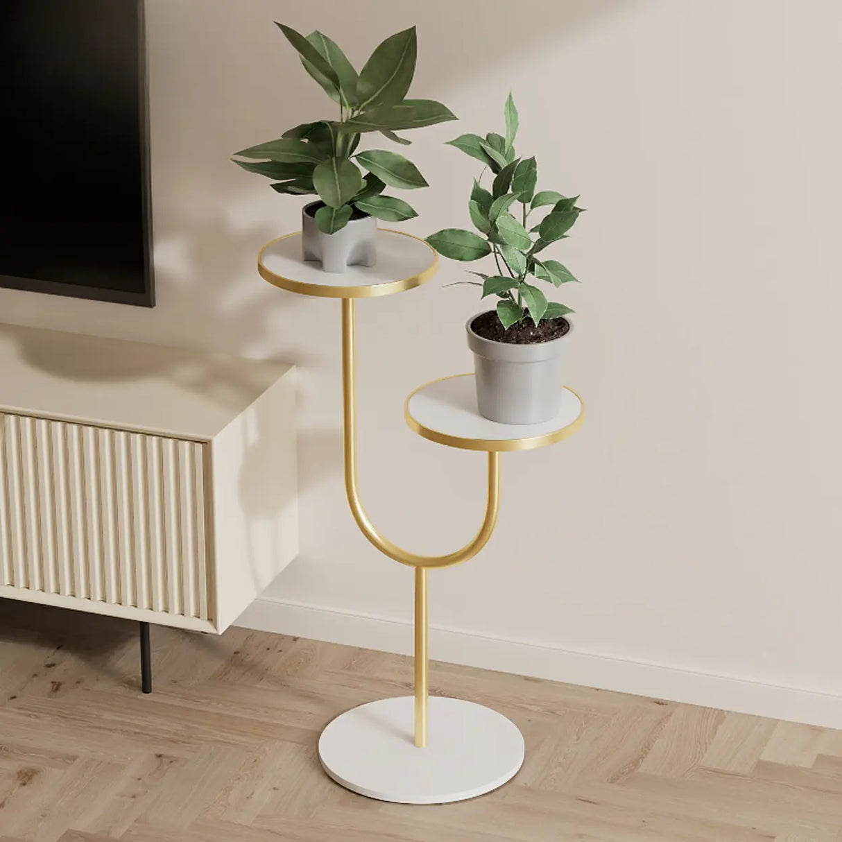 Double Layer Round Tray Branch Plant Stand Gold-White Image - 8