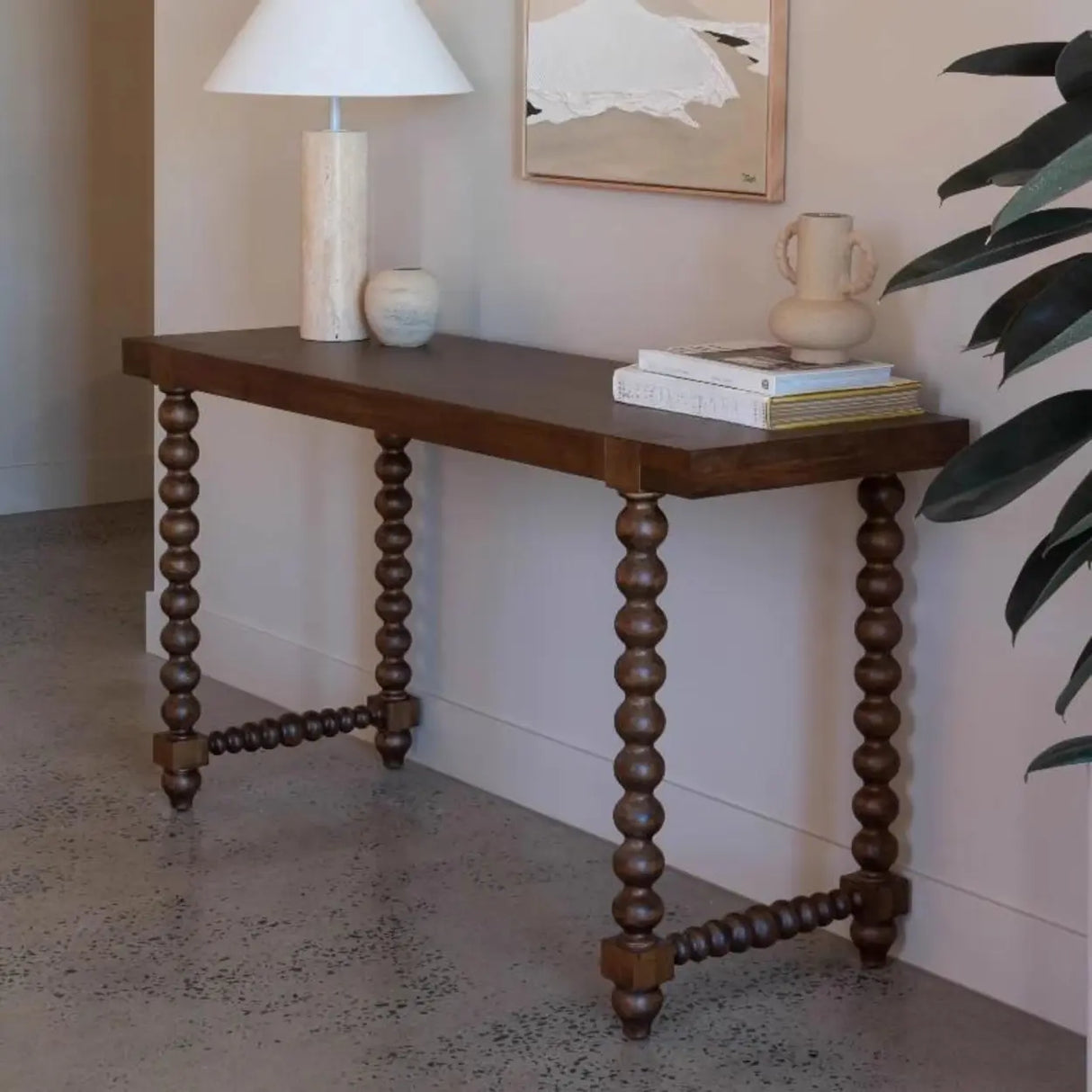 Double Pedestal Beaded Walnut Finish Wood Console Table Image - 1