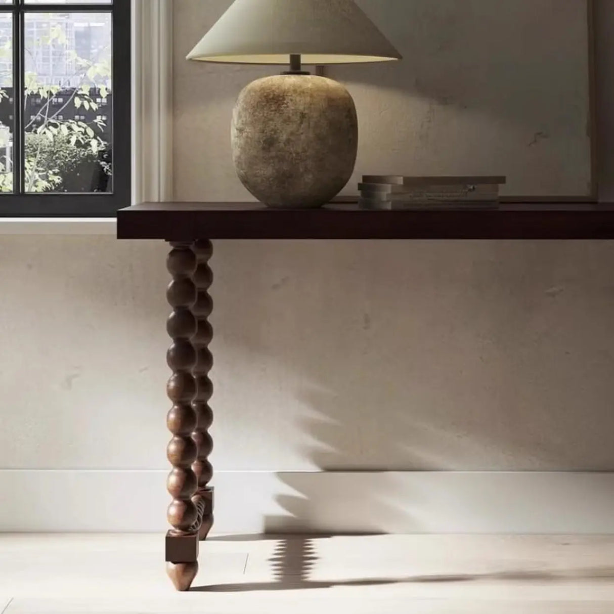 Double Pedestal Beaded Walnut Finish Wood Console Table Image - 3