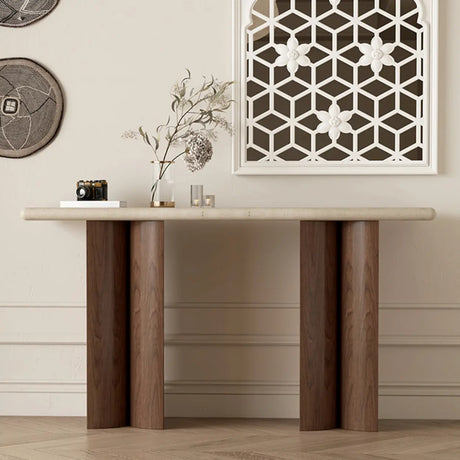 Double Pedestal Rectangular Marble Wood Ivory Console Table Image - 1