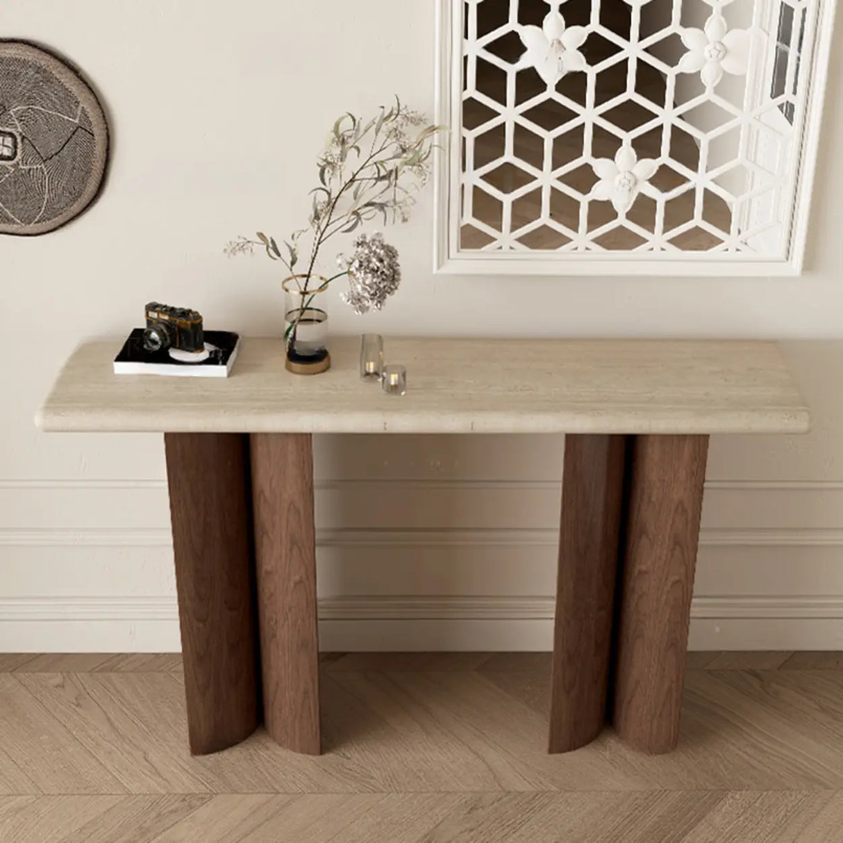 Double Pedestal Rectangular Marble Wood Ivory Console Table Image - 2