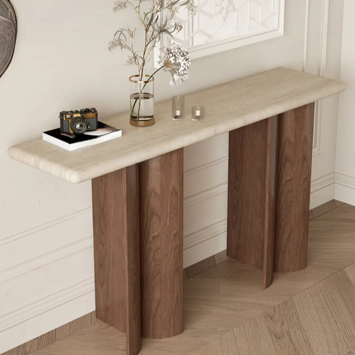 Double Pedestal Rectangular Marble Wood Ivory Console Table Image - 3