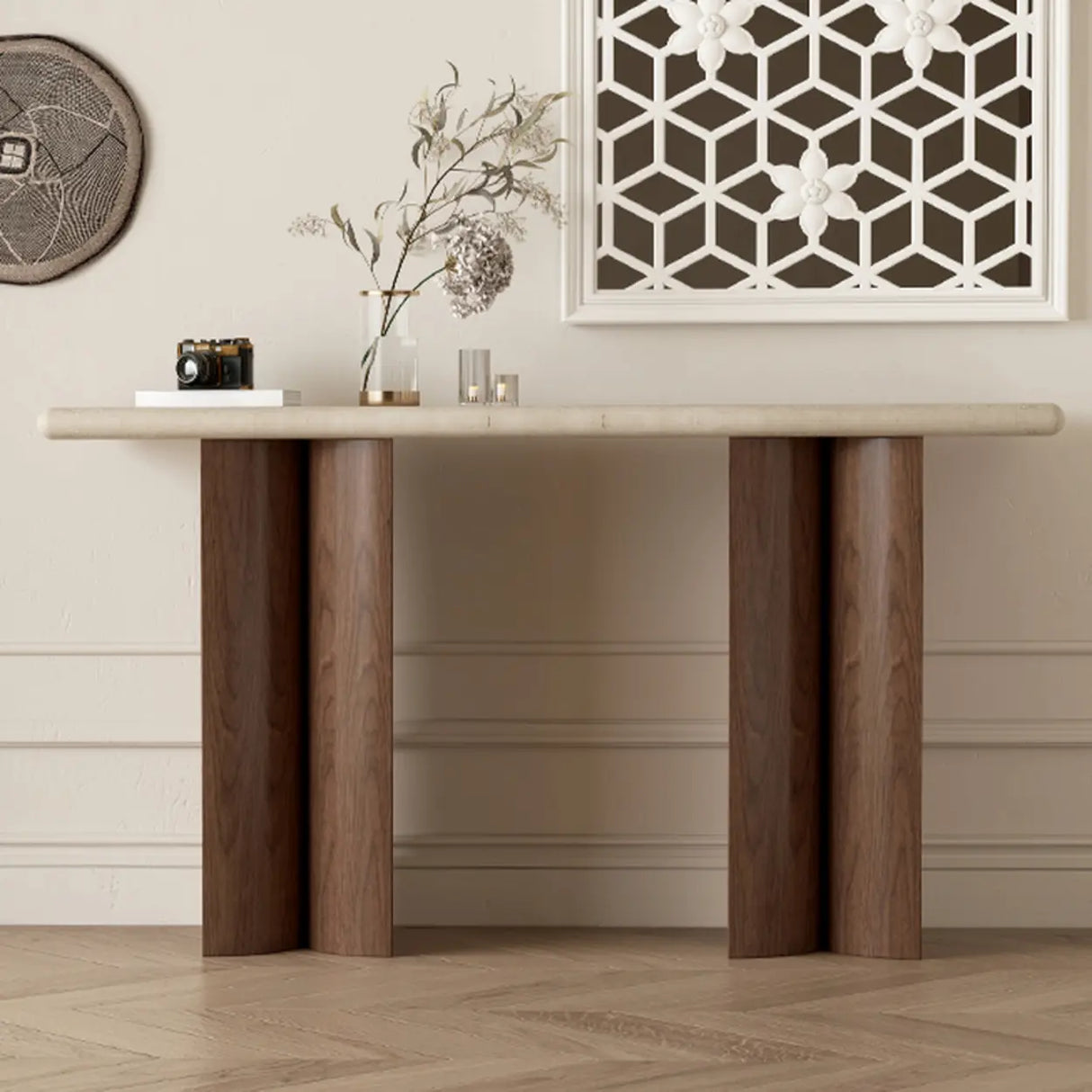 Double Pedestal Rectangular Marble Wood Ivory Console Table Image - 4