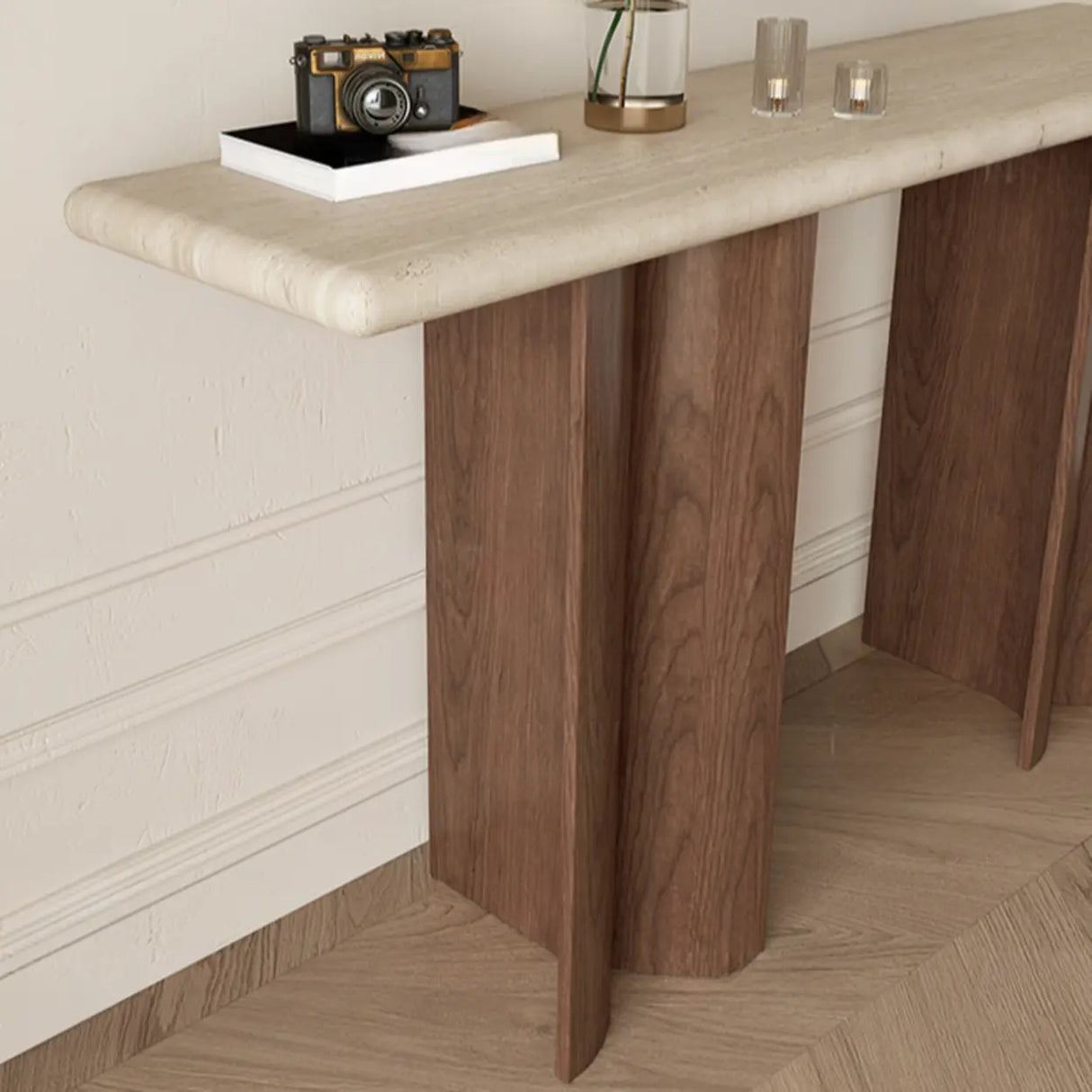 Double Pedestal Rectangular Marble Wood Ivory Console Table Image - 5