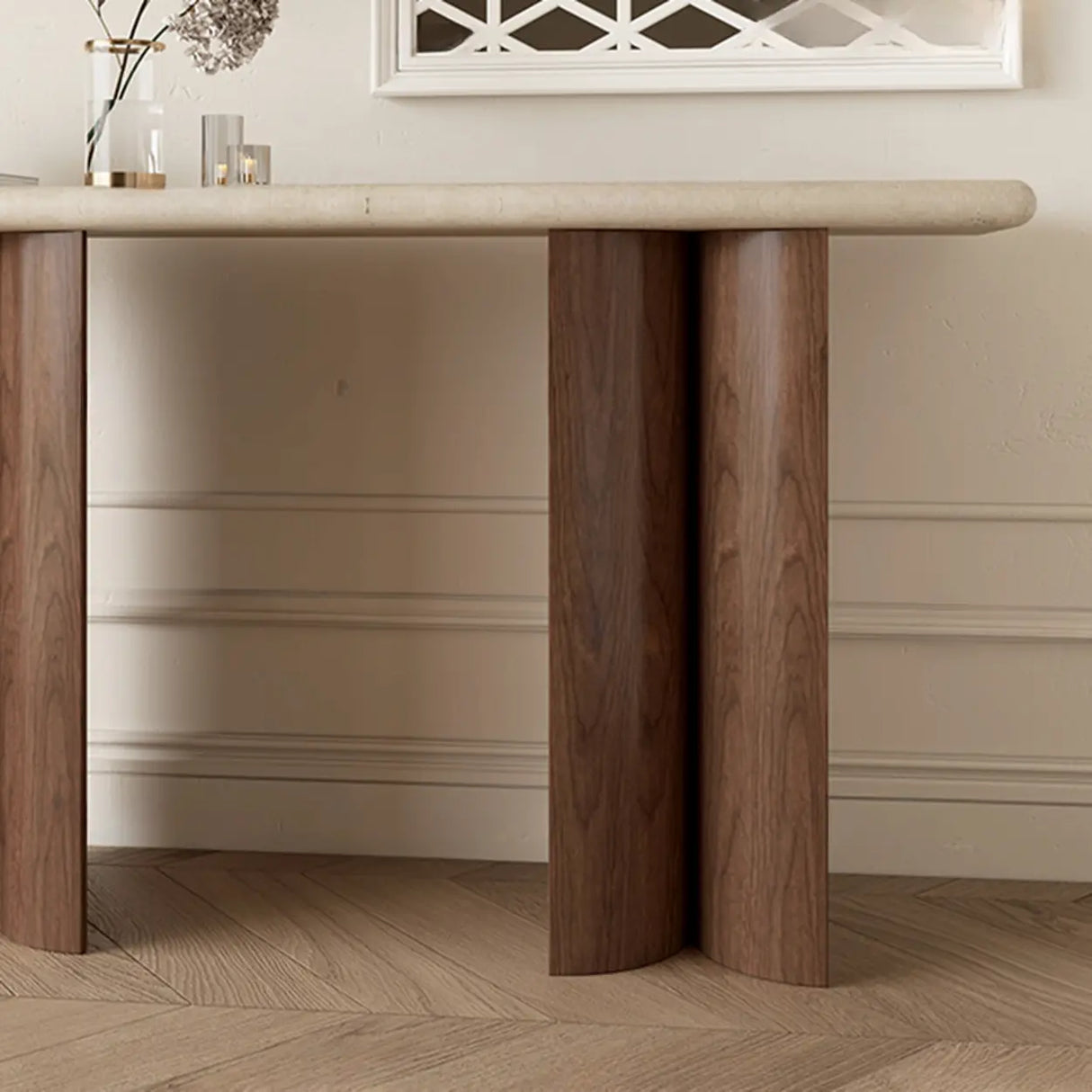 Double Pedestal Rectangular Marble Wood Ivory Console Table Image - 6